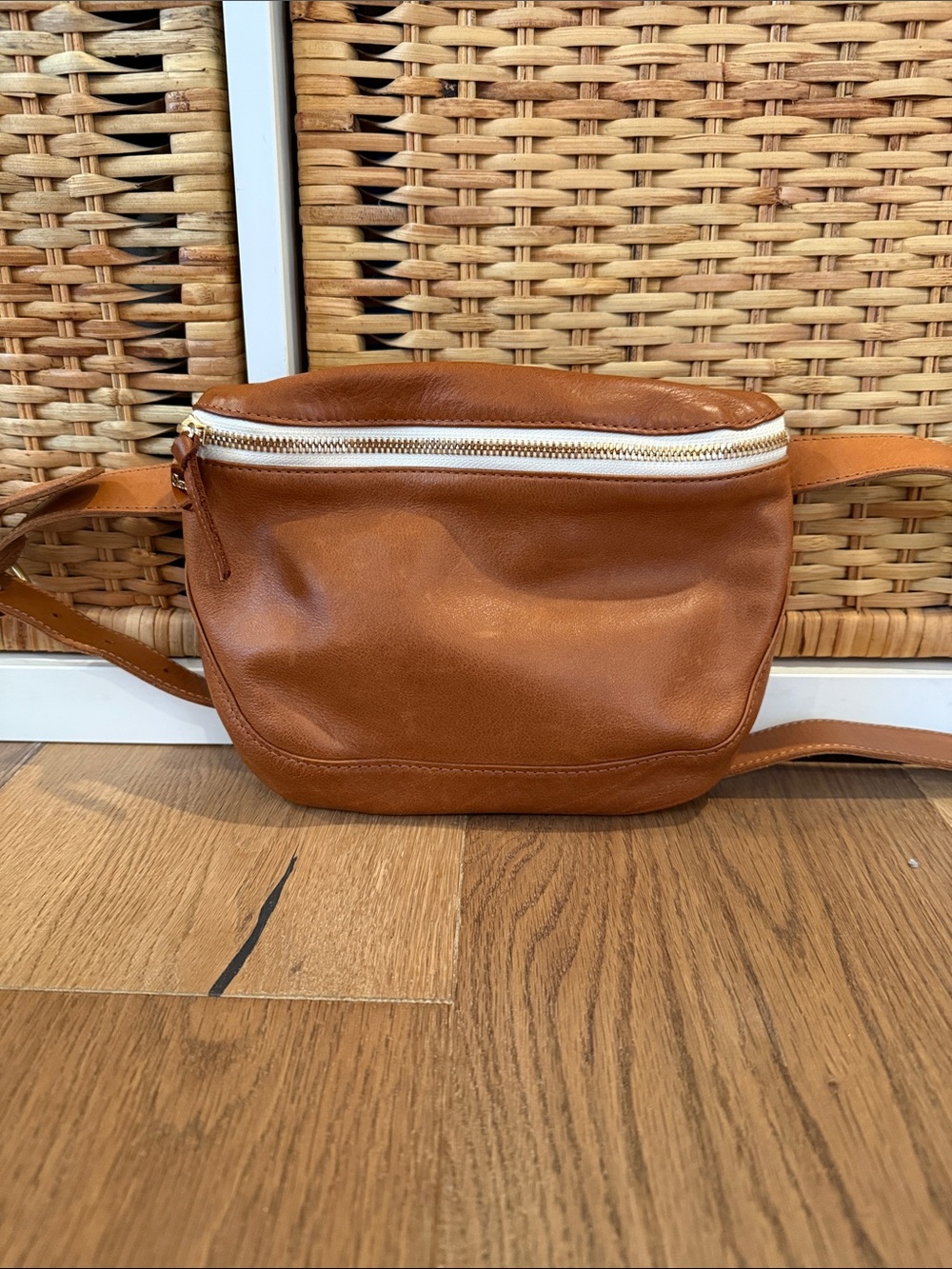 Clare V Cognac Leather Crossbody Belt Bag with Gold Zipper